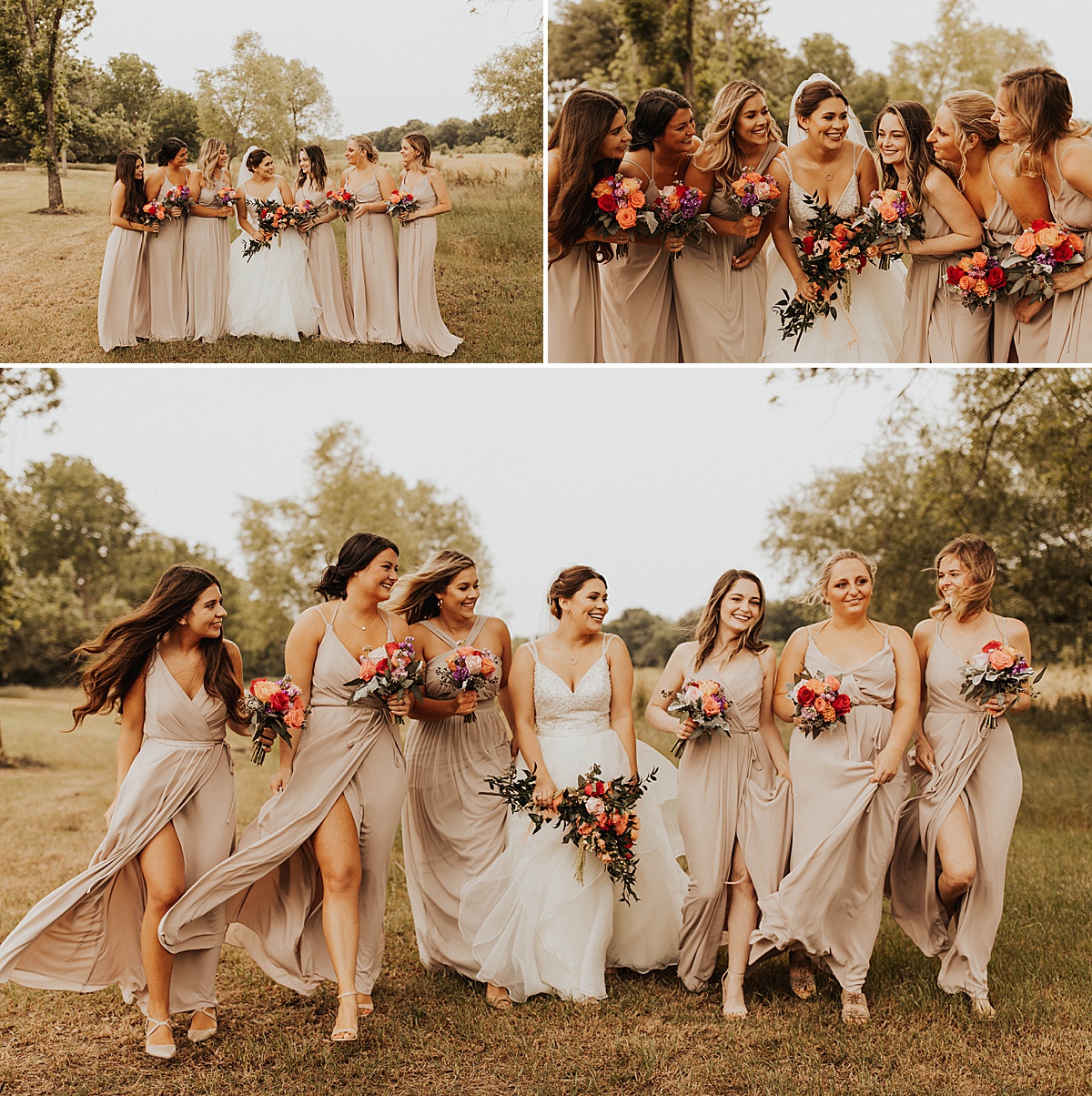 A bridesmaids group photo at their wedding at Red Bird Fields in Austin, TX.