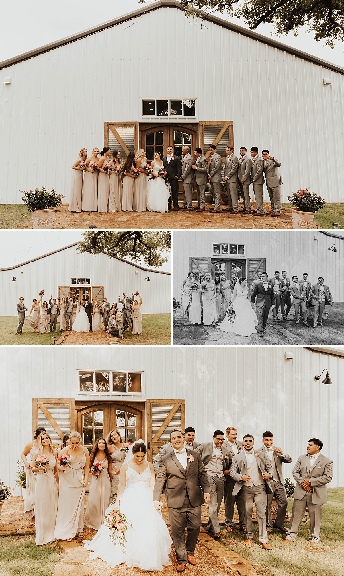 A bridal party photo at their wedding at Red Bird Fields in Austin, TX.