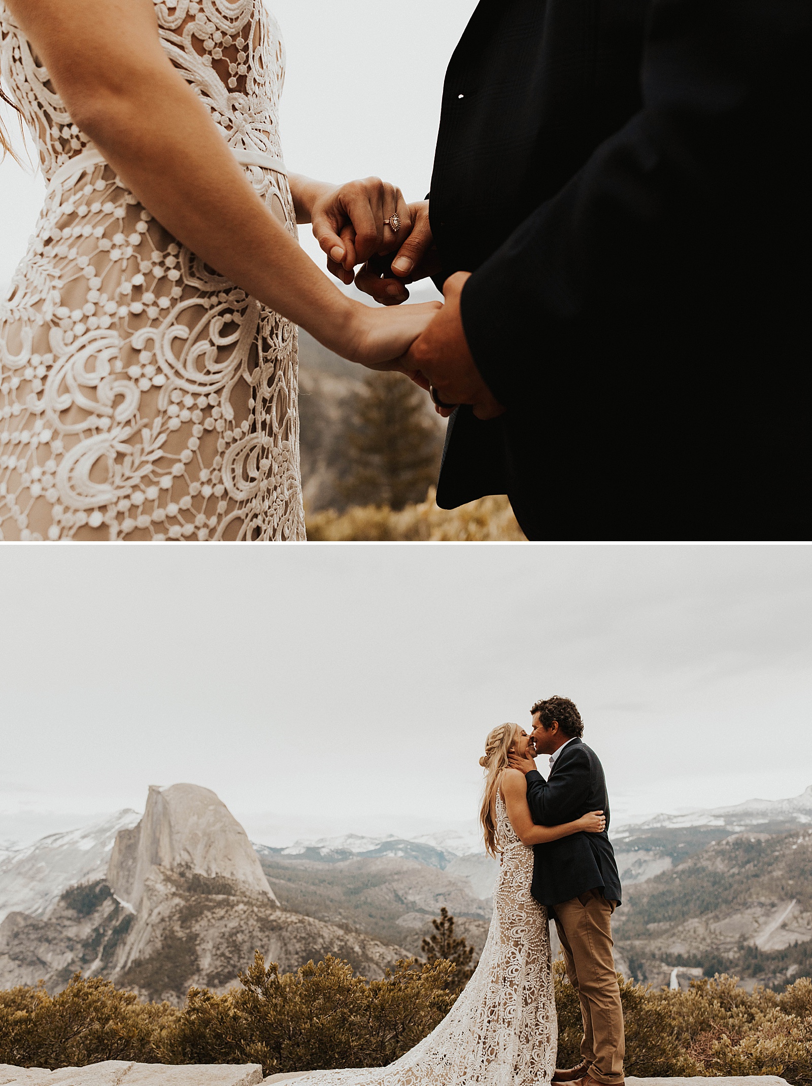 A bride and groom photo on Glacier Point at Yosemite National Park.