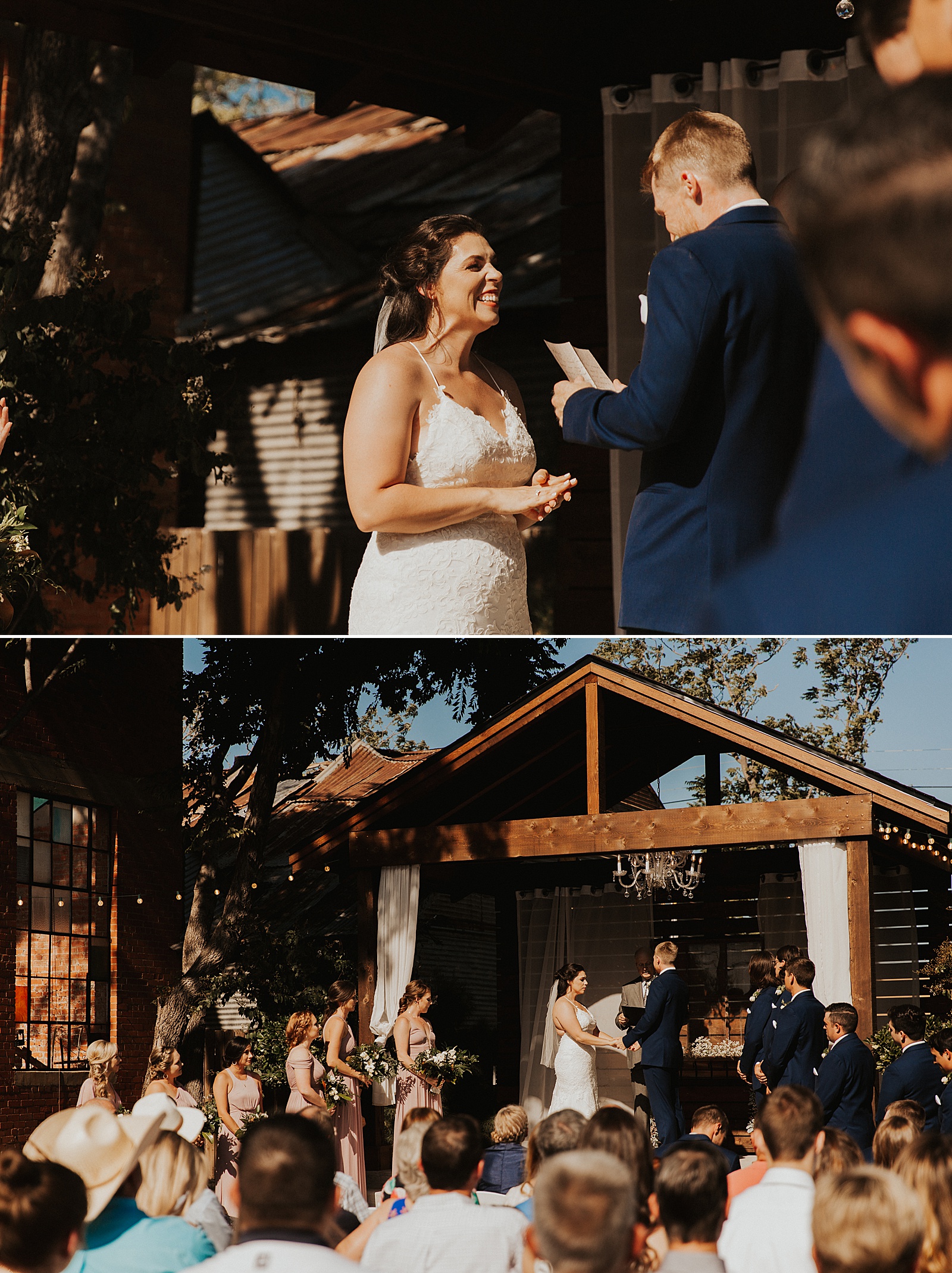 An outdoor ceremony wedding photo at the Soda District Courtyard in Abilene.