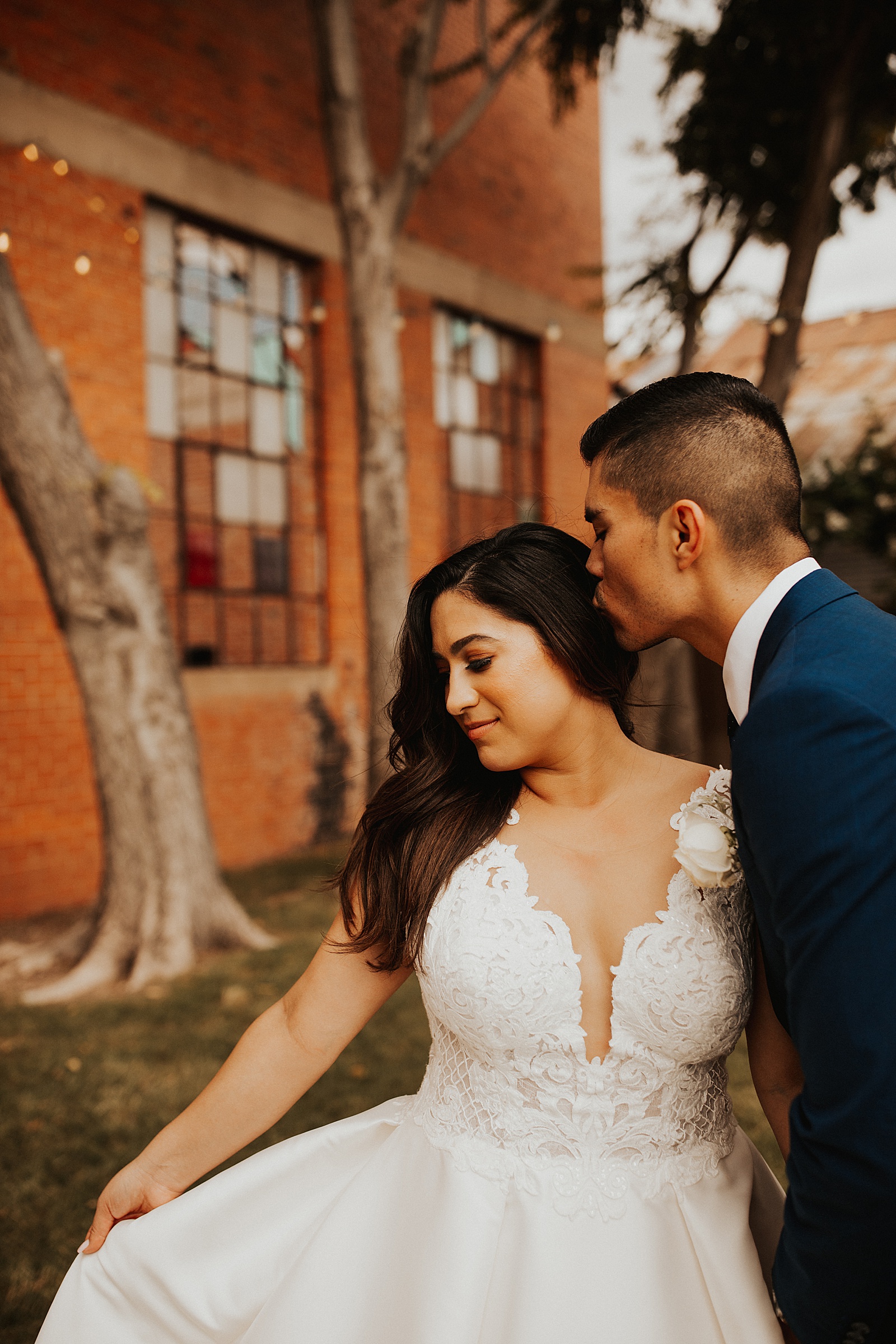 A bride and groom photo at the SoDa District Courtyard in Abilene, TX.
