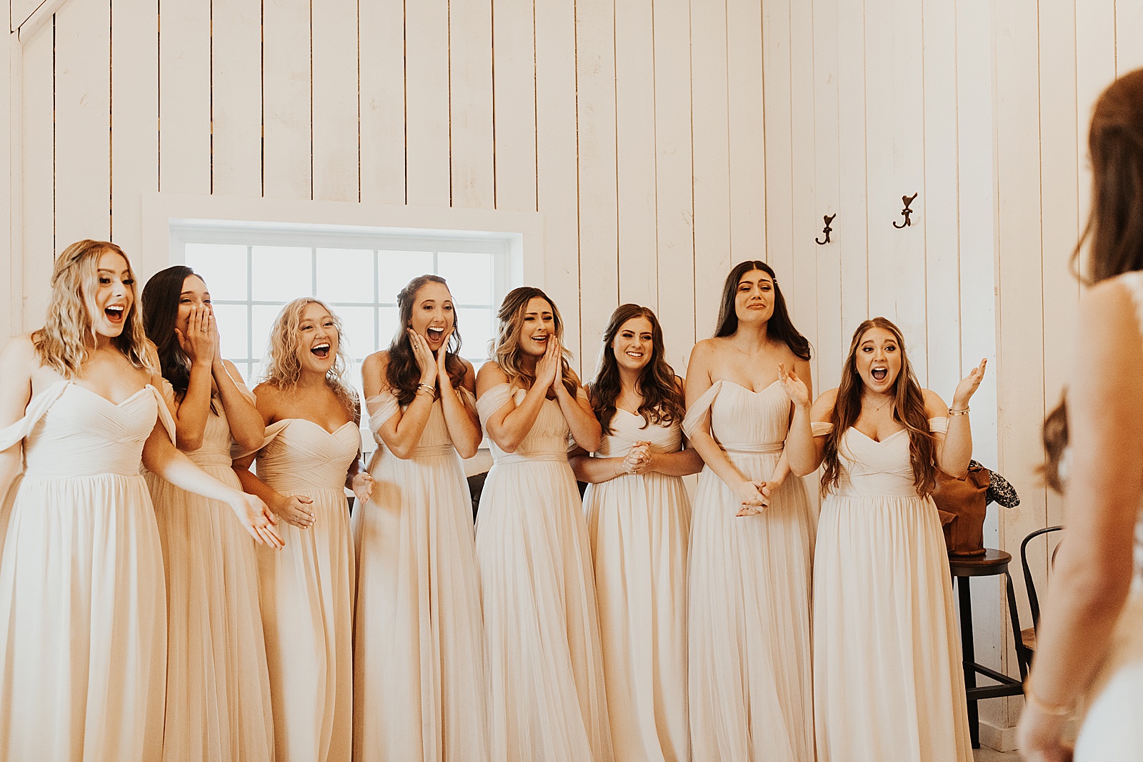 A wedding bridal party photo at the White Sparrow Barn in Dallas, TX. 