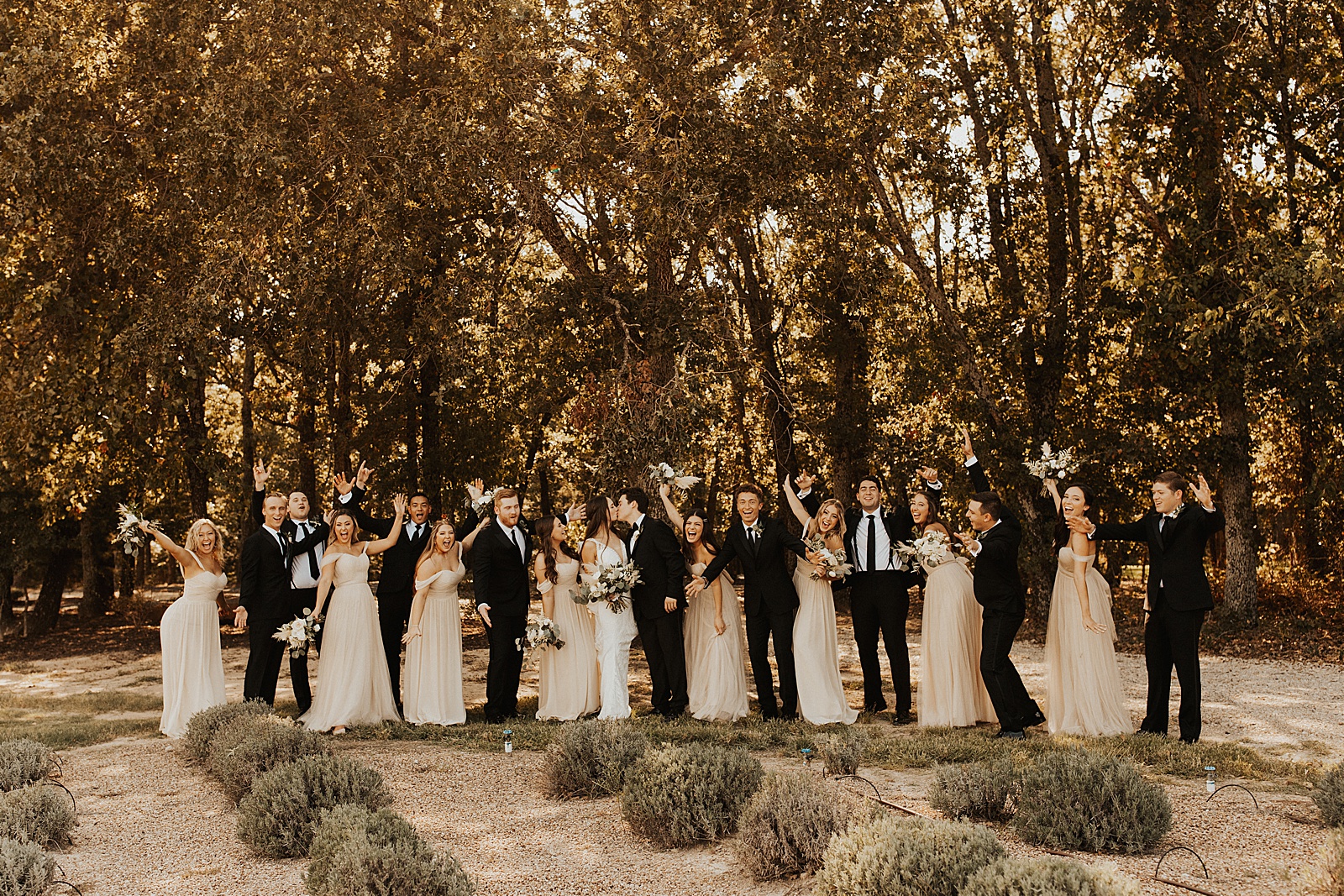 A bridal party photo at a wedding at the White Sparrow Barn in Dallas, TX. 
