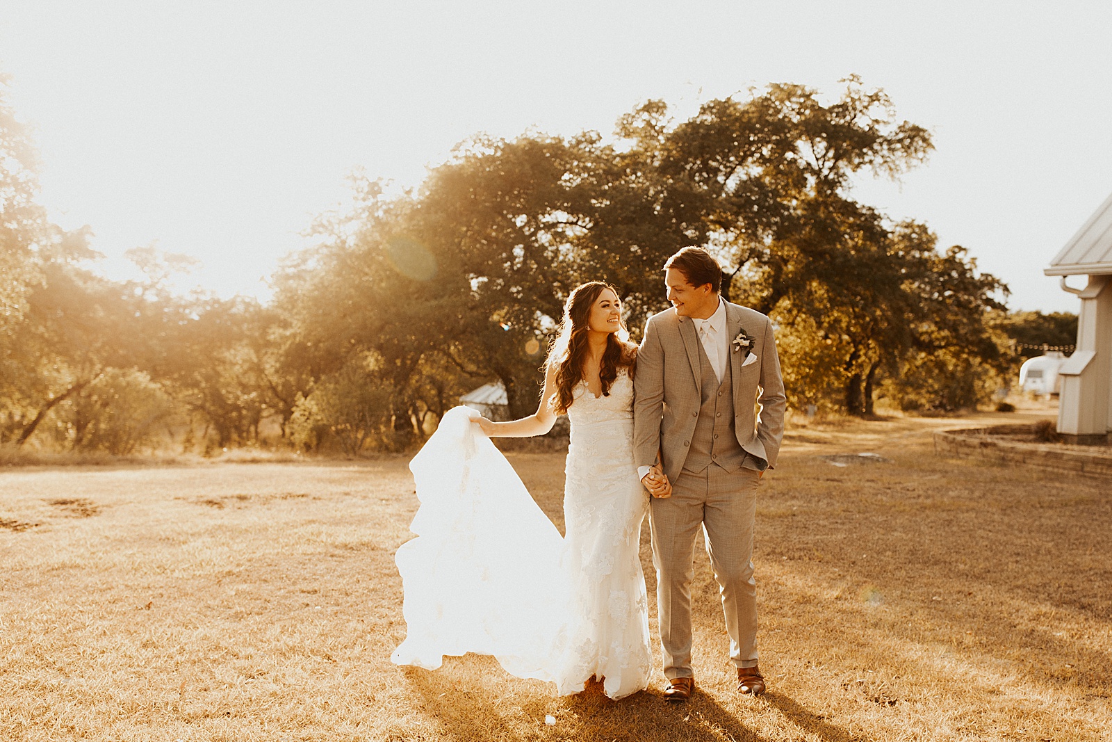 A bride and groom photo at their wedding at the Heritage Haus Wedding Venue in Dripping Springs, TX.
