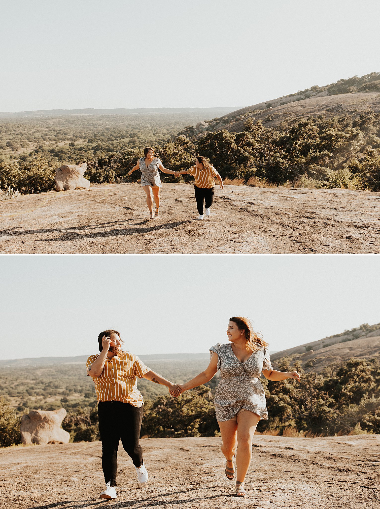 A gorgeous lesbian couple at their Enchanted Rock Engagement session. 