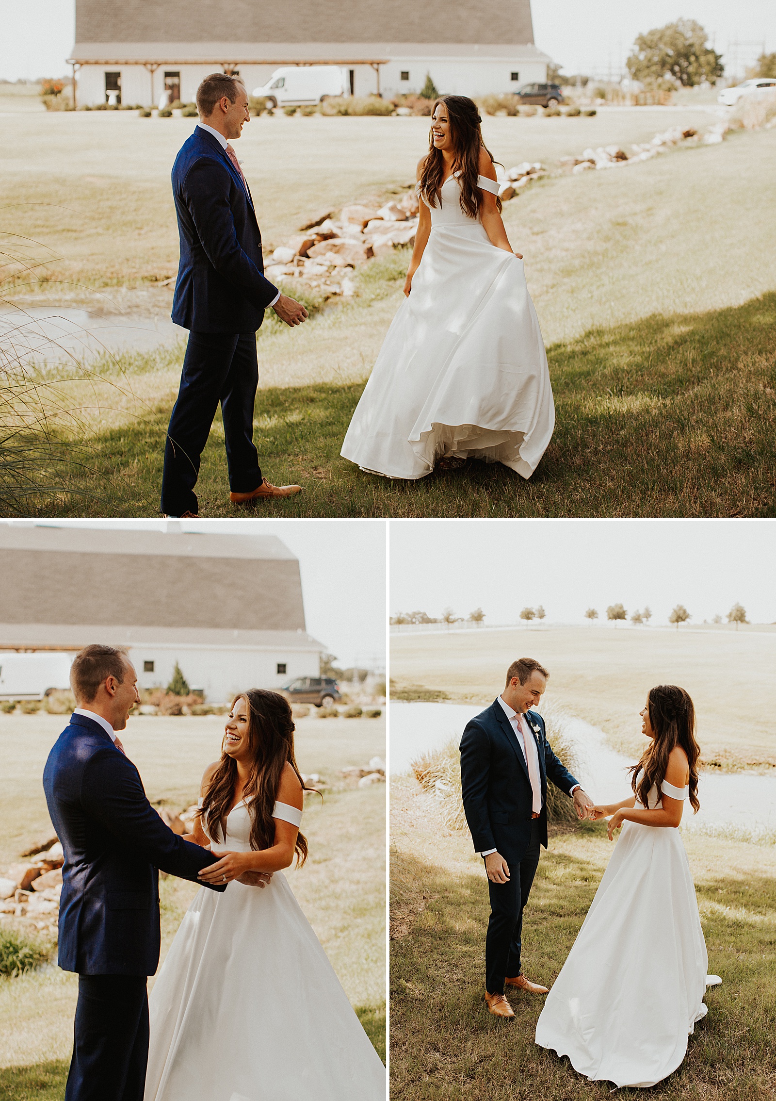 Adorable bride and groom first look at the Morgan Creek Barn wedding venue in the Dallas, TX area.