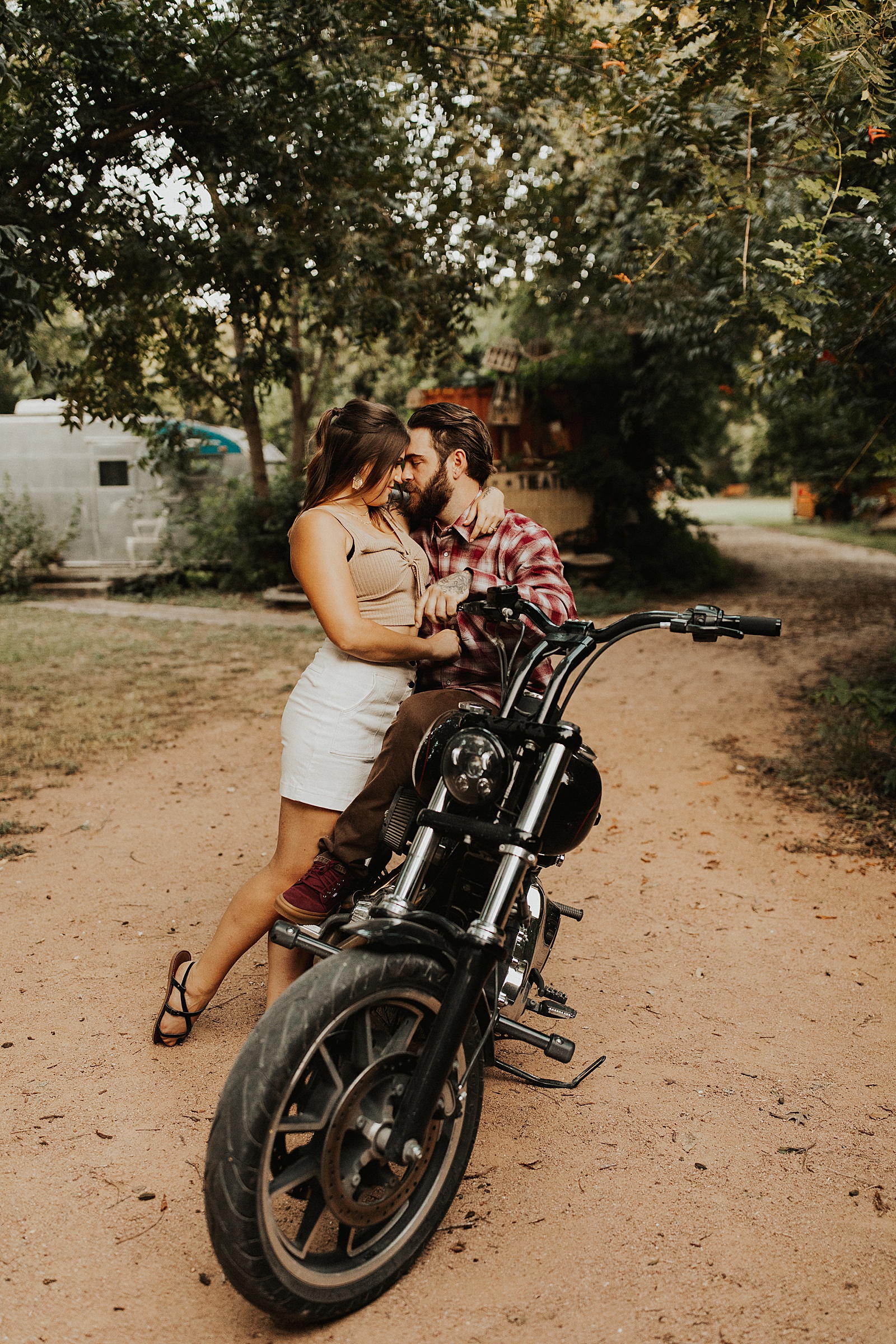 Crystal and Erik brought their motorcycle at their Sekrit Theater engagement session in Austin, TX.