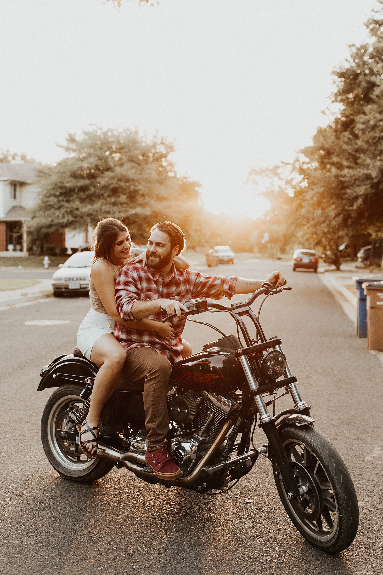 Crystal and Erik brought their motorcycle at their Sekrit Theater engagement session in Austin, TX.