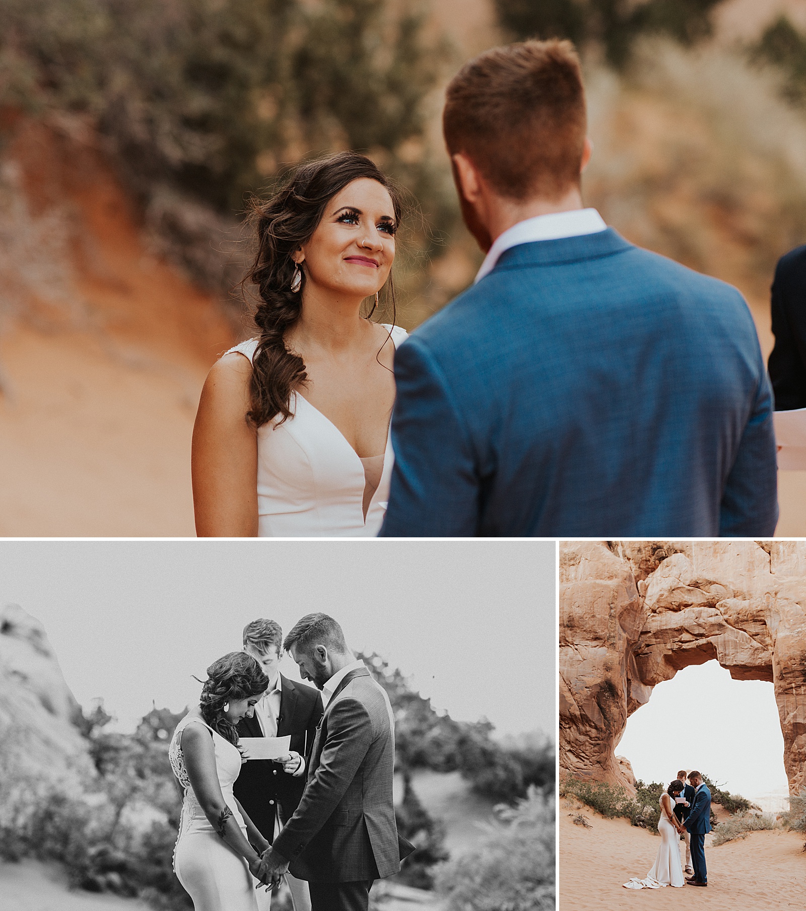 Bride and groom at their Arches National Park wedding ceremony. 